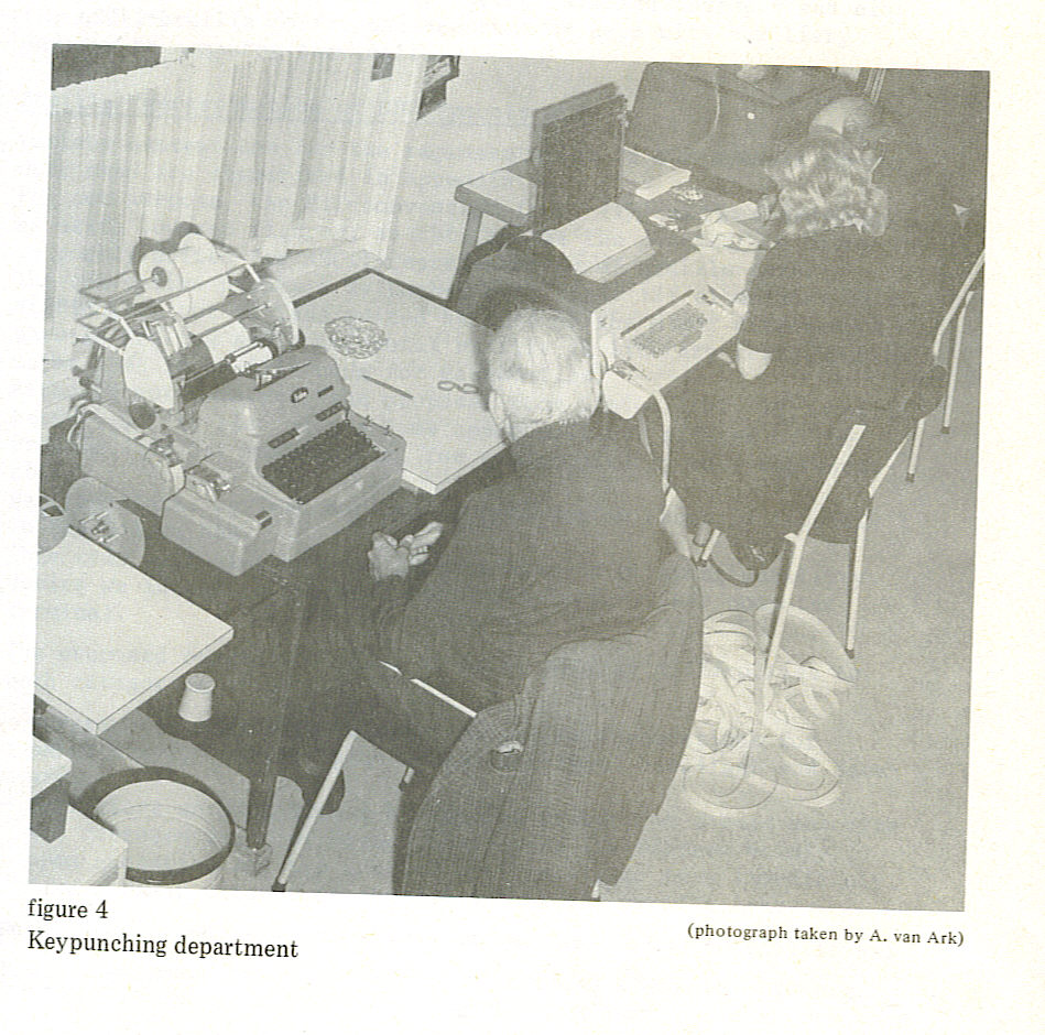 Old photo of one woman and two men working in the Keypunching Department at De Nederlandsche Blindenbibliotheek